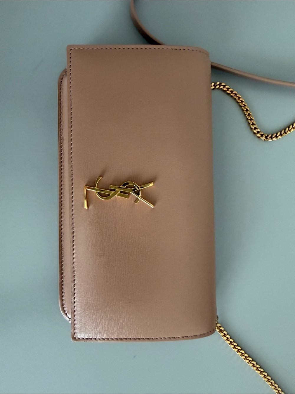 Saint Laurent YSL Cassandre Phone Holder Crossbody Dark Beige Leather Gold Chain - Picture 5 of 9